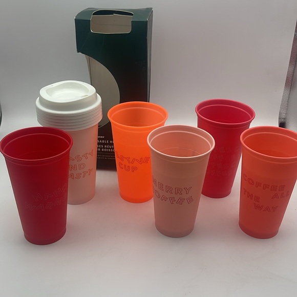Starbucks 2019 Reusable Hot Cups & Lids 6 Pack Holiday Festive Phrases NEW - Picture 4 of 8